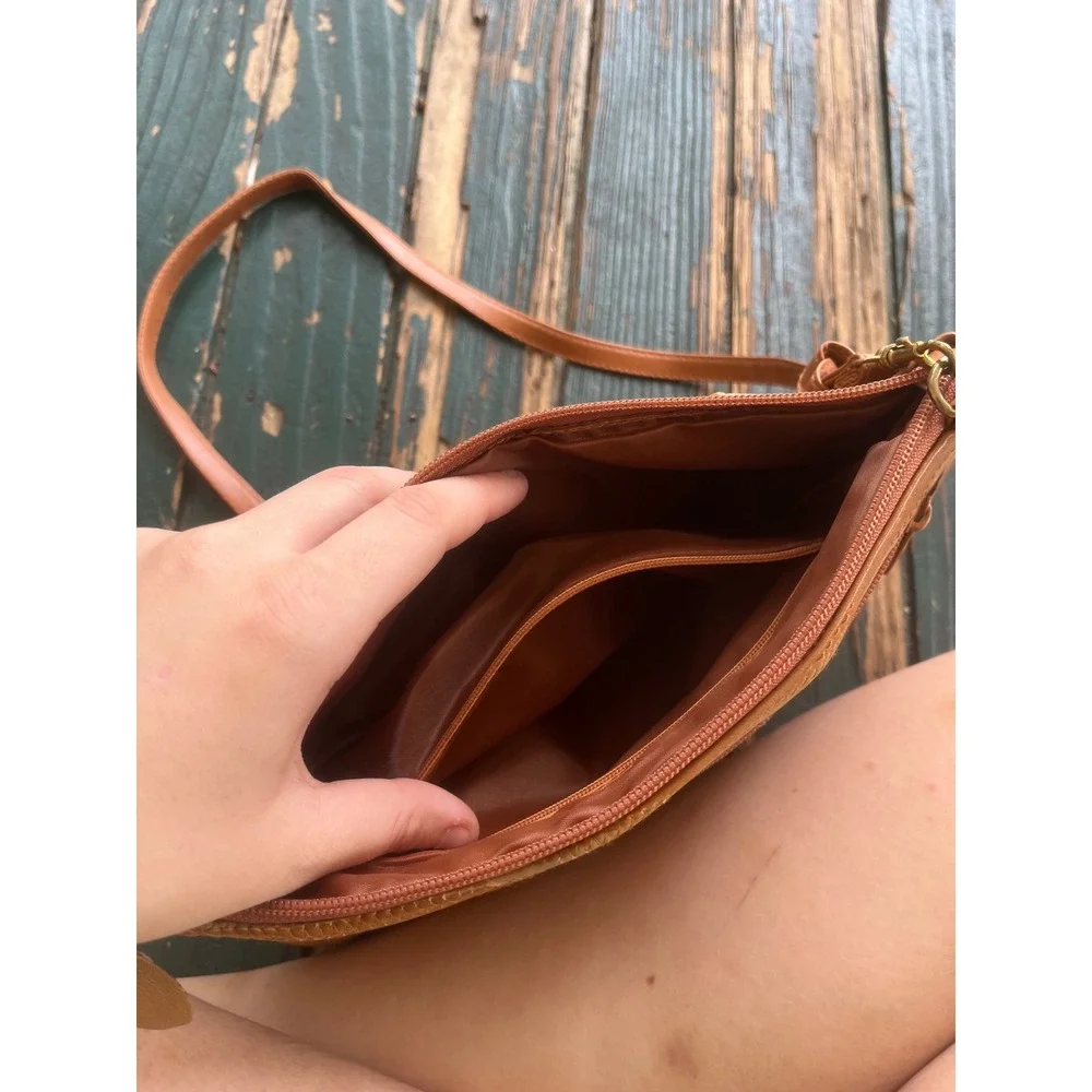 Vintage Leather Patchwork Crossbody Bag Tan Brown Multi Tone Boho Zip Shoulder
